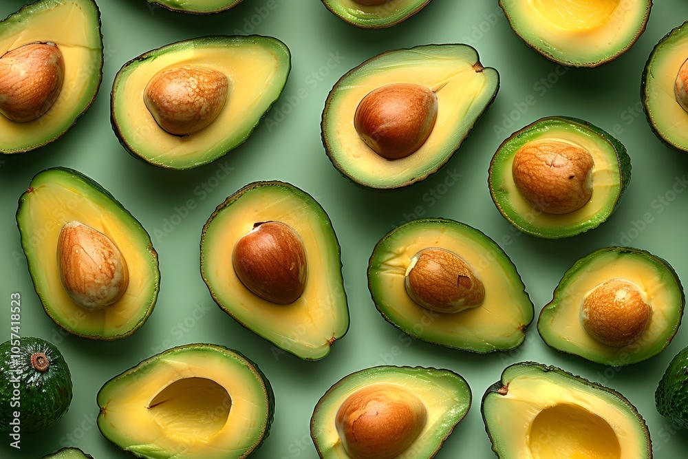 Avocado Slices Arranged in Vibrant Green Pastel Pattern