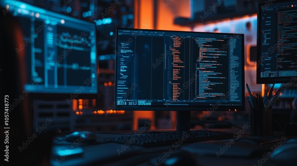 Coding on computer screens in a dark workspace with blue-orange lighting Coding on computer screens in a dark workspace with blue-orange lighting