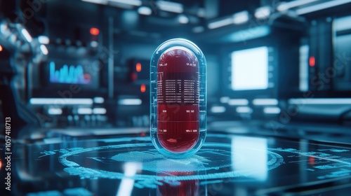 AI-powered smart medicine pill in futuristic setting with holographic health info