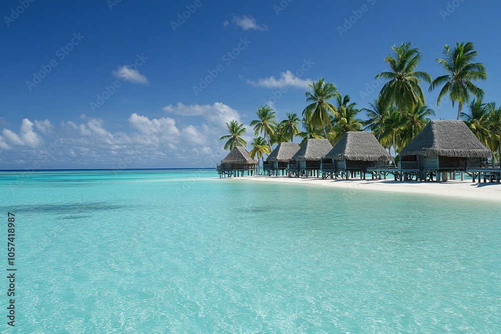 Fototapeta premium Tropical beach with thatched huts under palm trees near turquoise water on a sunny day