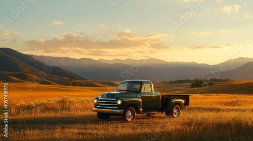 Vintage Pickup Truck Sunset Mountain Landscape