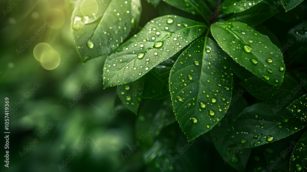 Green Leaves with Dew Drops - Nature Photo Green Leaves with Dew Drops - Nature Photo