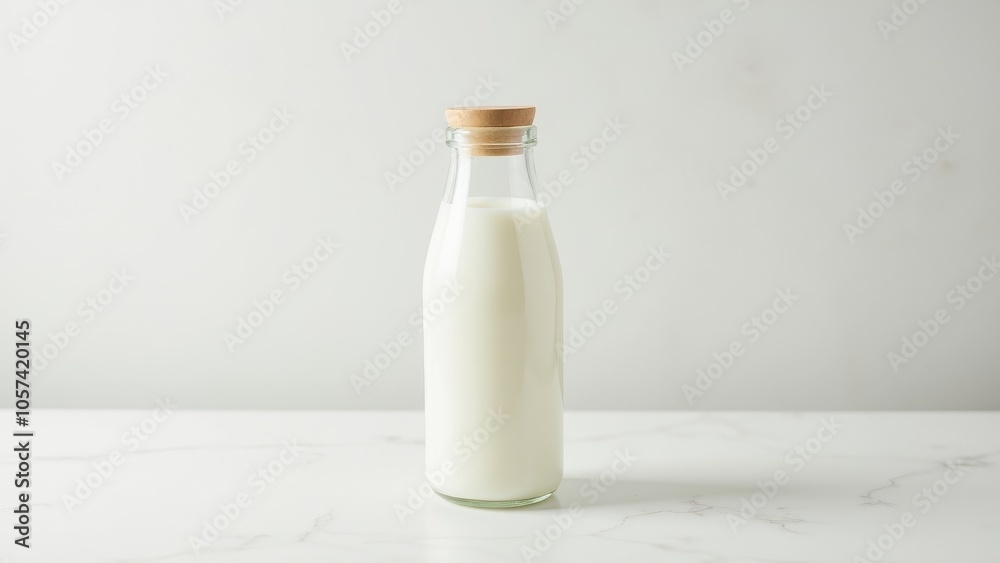 Elegant Glass Milk Bottle with Bamboo Lid on Clean Surface Elegant Glass Milk Bottle with Bamboo Lid on Clean Surface