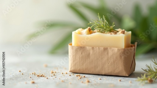 Artisanal Handcrafted Soap in Eco-Friendly Lipid Wrap on Stone Backdrop photo