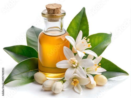 Neroli twig. Citrus aurantium with blossom and fruits branch, isolated on transparent white background, png element. Bitter orange tree with flowers, White Transparent Photo, White Transparent Element