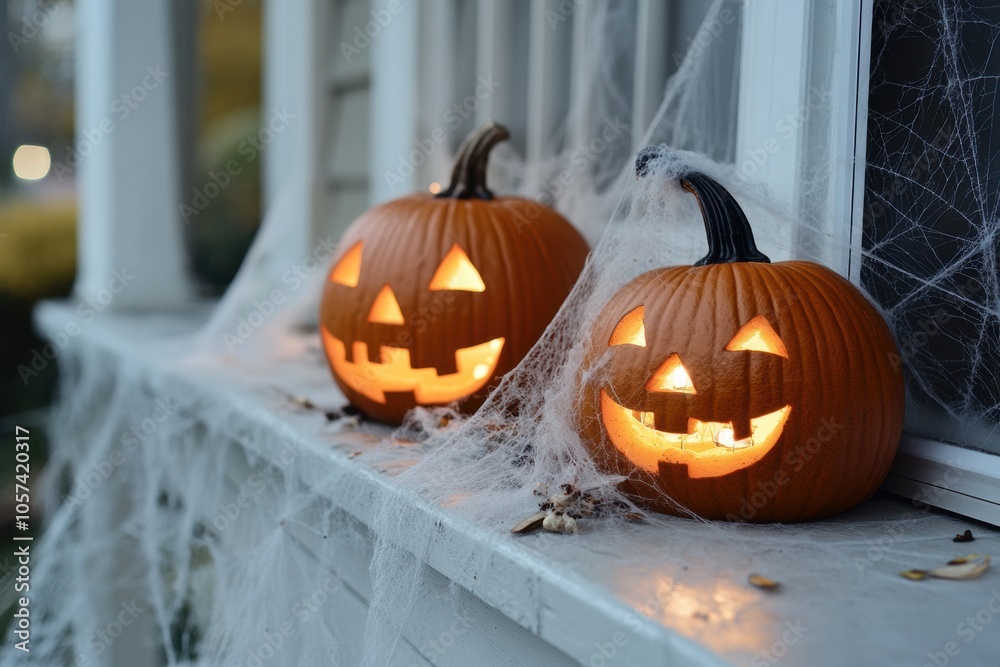 Obraz premium halloween porch decor, halloween decor on porch flickering jack-o-lanterns and eerie cobwebs swaying in autumn breeze, creating a spooky scene