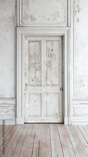 Photo of a white door in a white room. Antique white door with shabby paint.