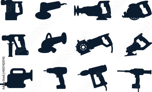 Power tools icon. Set of cordless screwdriver, circular saw, electric planer, power drill, impact wrench driver, electric airbrush spray gun, angle grinder outline vector icon