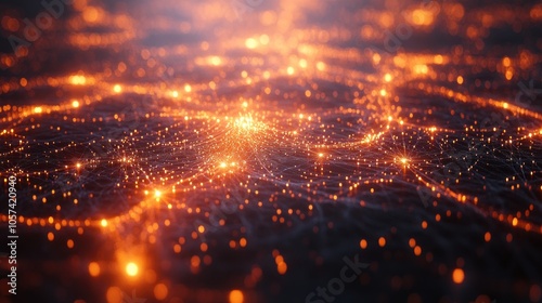 A digital visualization of interconnected nodes and glowing lines representing data flow.