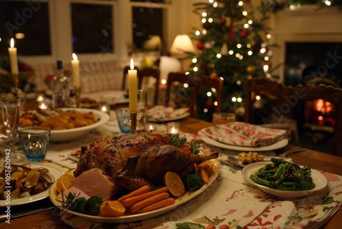 Festive christmas dinner with roast turkey and holiday decorations