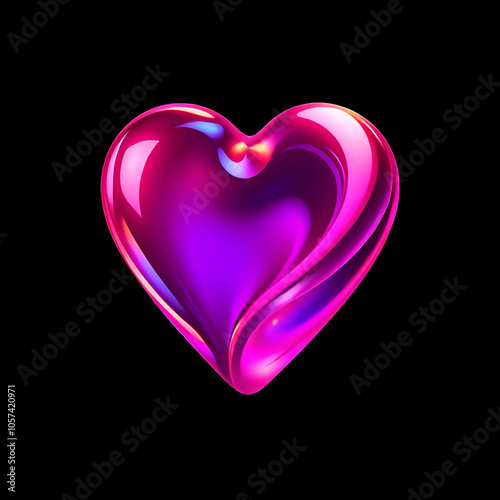 Shiny bright liquid pink purple heart shape with holographic glow isolated at black background