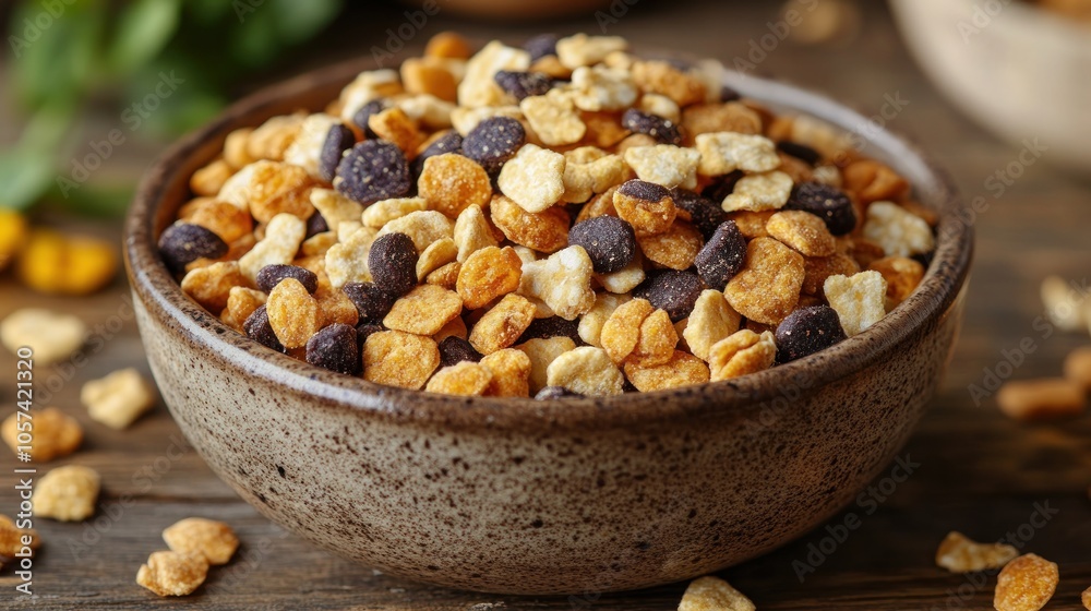 A bowl filled with assorted crunchy cereal pieces, perfect for breakfast or snacking. A bowl filled with assorted crunchy cereal pieces, perfect for breakfast or snacking.