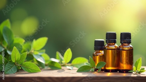 Fragrant Essential Oil Bottles Surrounded by Natural Greenery