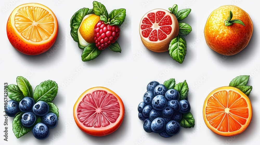 A colorful arrangement of various fruits and leaves, showcasing vibrant textures and details. A colorful arrangement of various fruits and leaves, showcasing vibrant textures and details.