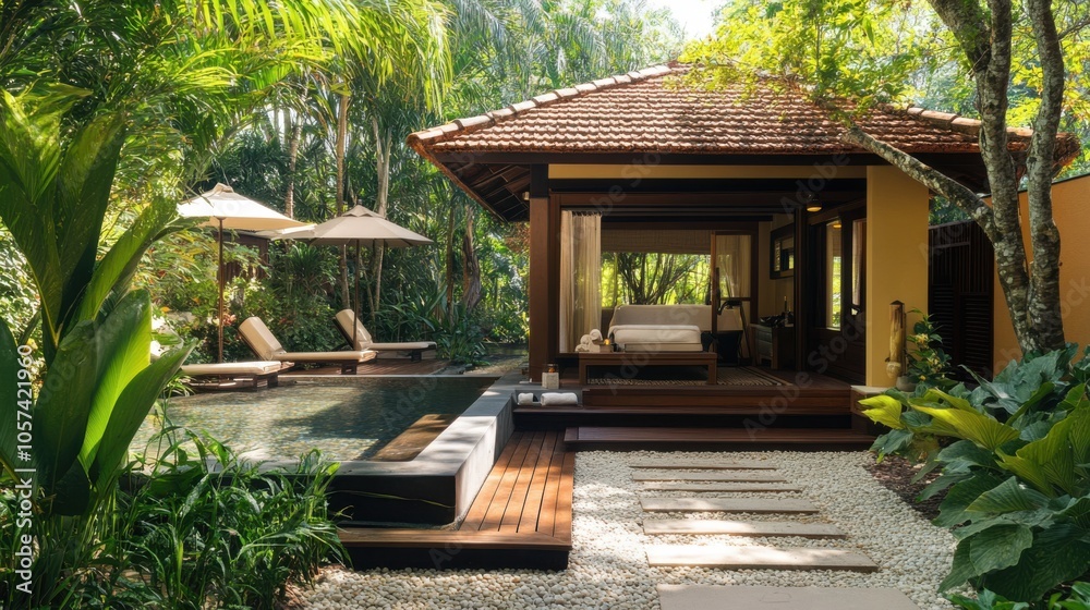 Hotel spa with an outdoor relaxation area set in a lush garden Hotel spa with an outdoor relaxation area set in a lush garden