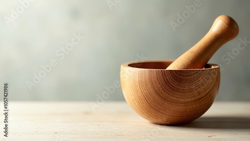 Hand-Carved Wooden Mortar and Pestle with Subtle Background