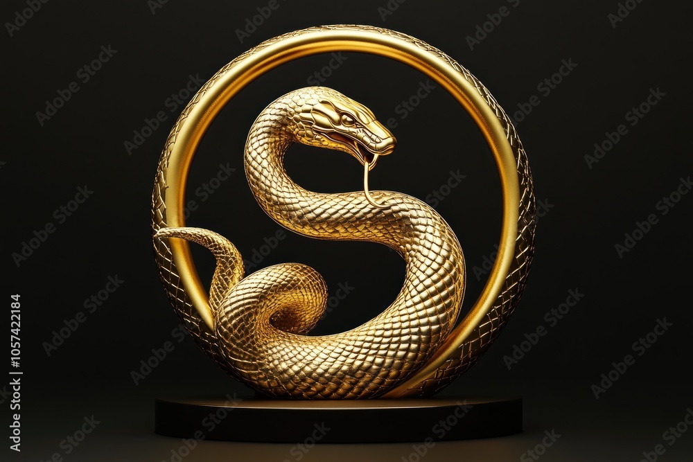 Fototapeta premium Golden Snake Sculpture in a Circular Frame on a Black Background