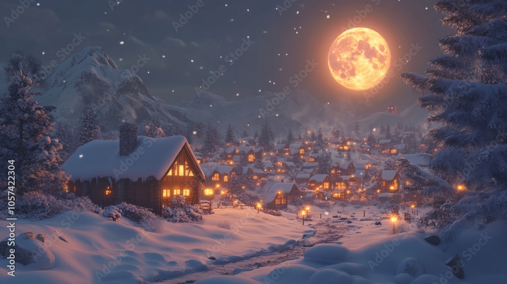 Cold full winter moon illuminating a snow-covered town, warm house lights shining in the distance. generative ai Cold full winter moon illuminating a snow-covered town, warm house lights shining in the distance. generative ai