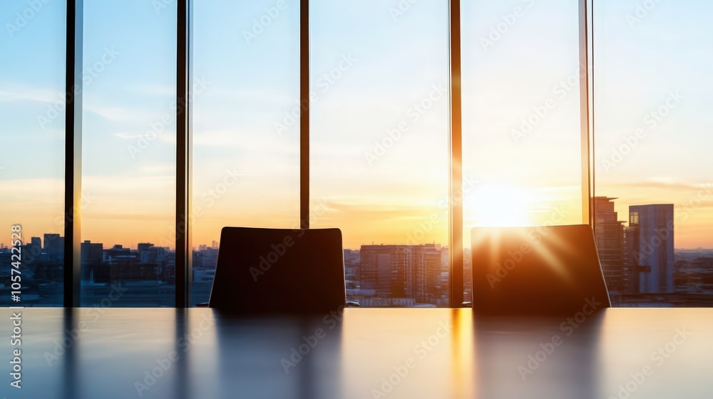 Fototapeta premium Modern meeting room interior with sunset, glasses and paper on desk and reflections. 