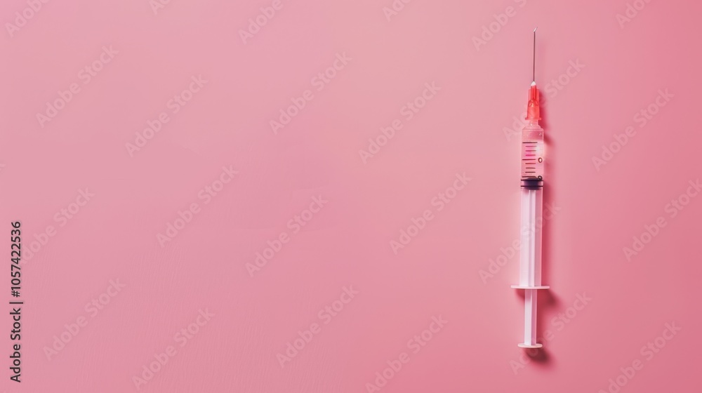 A syringe with a red tip is placed on a pink background. The syringe is the main focus of the image, and the pink background creates a soft and soothing atmosphere A syringe with a red tip is placed on a pink background. The syringe is the main focus of the image, and the pink background creates a soft and soothing atmosphere