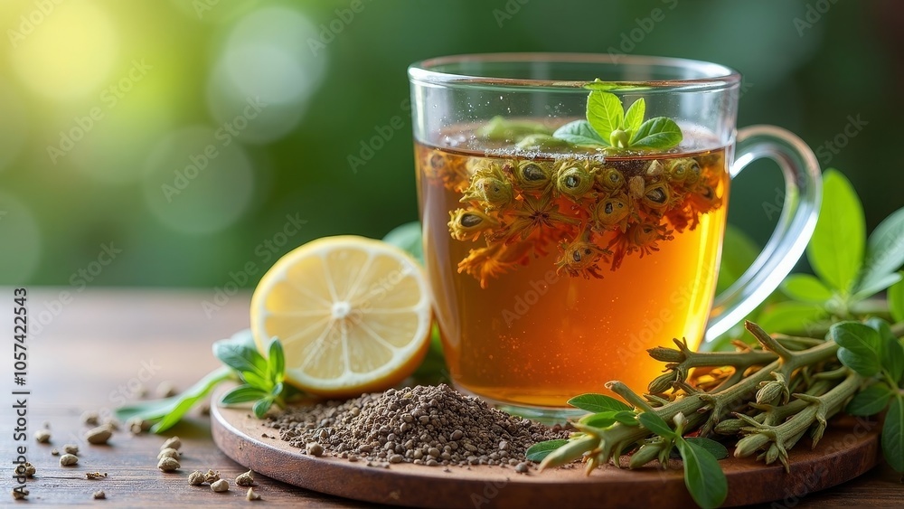 Invigorating Herbal Infusion in Clear Cup with Fresh Ingredients Invigorating Herbal Infusion in Clear Cup with Fresh Ingredients