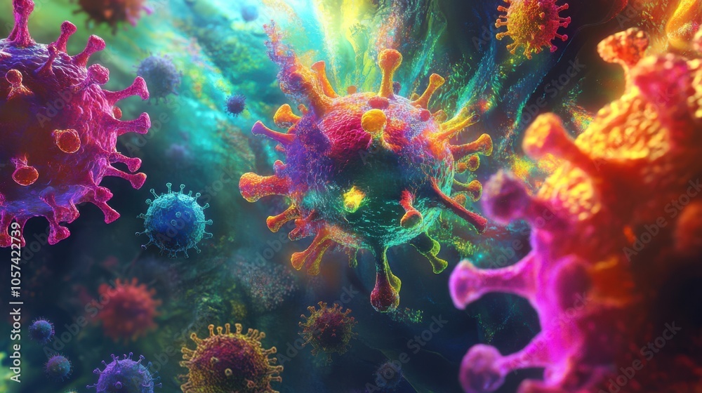 Illustration of flu virus mutation over time, abstract and vibrant Illustration of flu virus mutation over time, abstract and vibrant