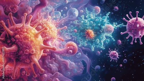 Illustration of the immune system fighting off a flu virus, vibrant colors