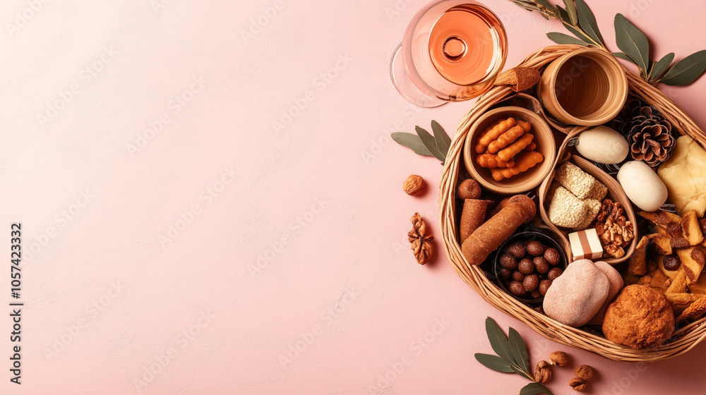Assorted rustic autumn food arrangement on a wicker tray with nuts, eggs, cookies, cheeses, pastries, and a glass of rose wine on a warm pink background. Assorted rustic autumn food arrangement on a wicker tray with nuts, eggs, cookies, cheeses, pastries, and a glass of rose wine on a warm pink background.