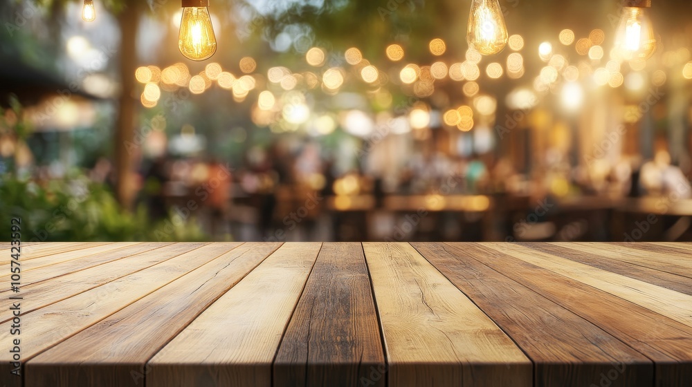 Empty Wooden Table Top With Blurred Background Of Outdoor Restaurant In The Evening With Light Bokeh Empty Wooden Table Top With Blurred Background Of Outdoor Restaurant In The Evening With Light Bokeh