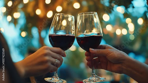 Couple in love drinking wine. Romantic date with glasses of red wine at restaurant. Cheers. Clinking glasses with alcohol and toasting, party	
