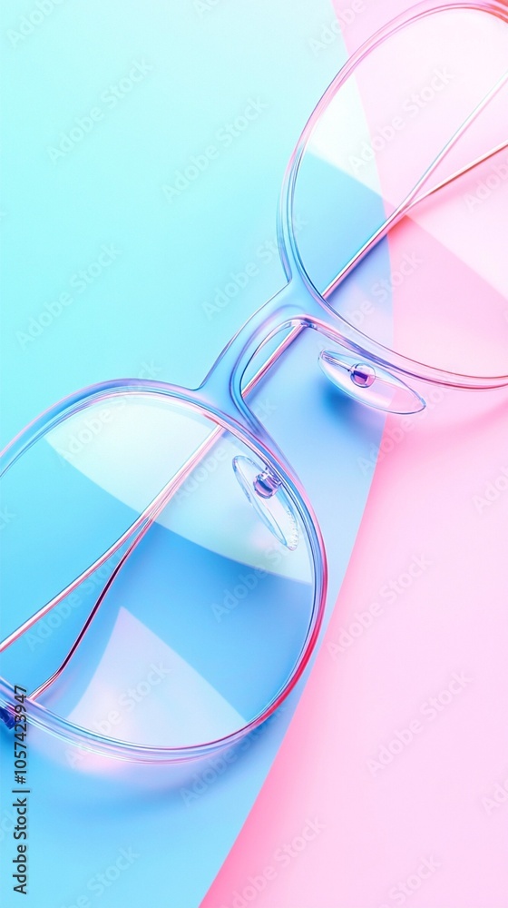 Trendy transparent eyeglasses on pastel pink and blue background. Modern fashion accessory with clear frames showcasing minimalist style and contemporary design. Trendy transparent eyeglasses on pastel pink and blue background. Modern fashion accessory with clear frames showcasing minimalist style and contemporary design.