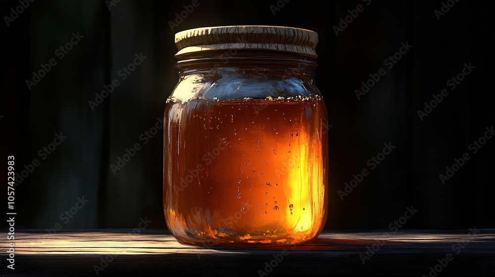Golden Honey in Rustic Glass Jar Radiating Warm Sunlit Glow in Rustic Setting - Pure Organic Natural Sweet Honey Bee Farm Harvest Conserves Richness Golden Honey in Rustic Glass Jar Radiating Warm Sunlit Glow in Rustic Setting - Pure Organic Natural Sweet Honey Bee Farm Harvest Conserves Richness