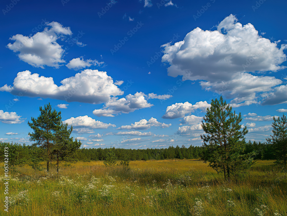 Vibrant summer landscape with a lush meadow under a bright blue sky dotted with fluffy clouds. Vibrant summer landscape with a lush meadow under a bright blue sky dotted with fluffy clouds.