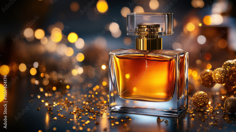 Luxurious perfume bottle with golden accents and sparkling background Luxurious perfume bottle with golden accents and sparkling background