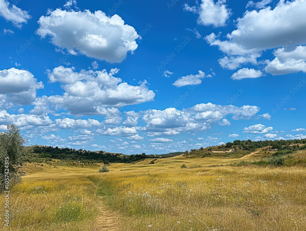 Picturesque landscape with golden fields under a vibrant blue sky filled with fluffy white clouds. Picturesque landscape with golden fields under a vibrant blue sky filled with fluffy white clouds.