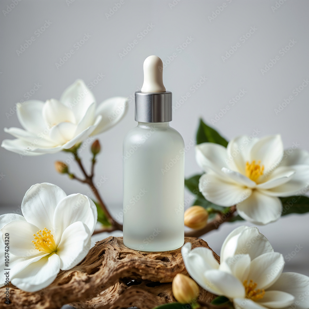Minimalist Botanical Serum Bottle with Blossoms and Wood Background for Skincare Minimalist Botanical Serum Bottle with Blossoms and Wood Background for Skincare