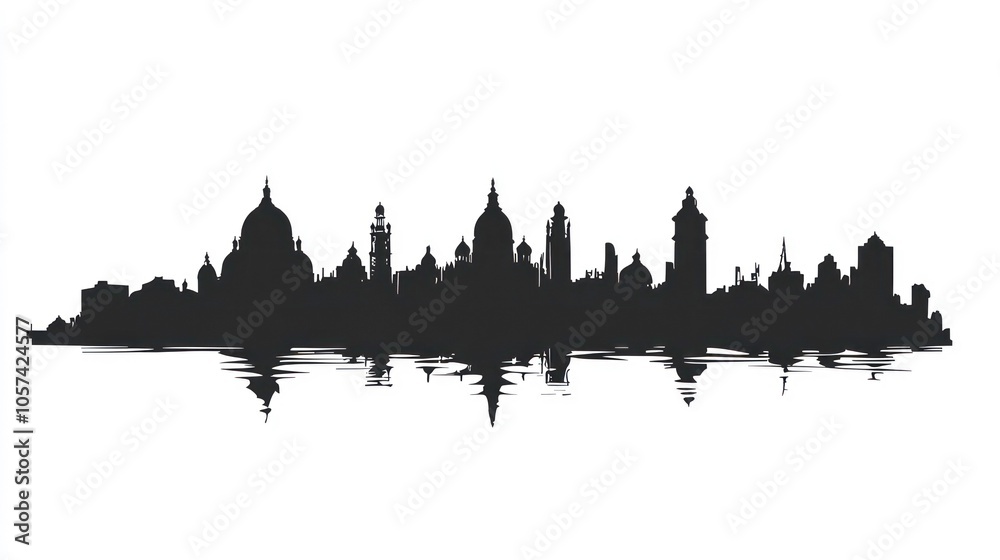Naklejka premium A stylized black silhouette of a city skyline with birds in flight, conveying urban life.