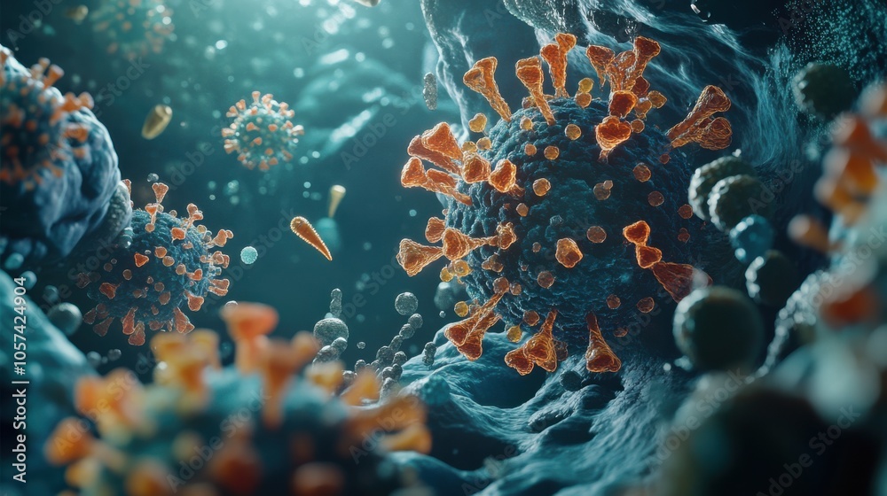 Microscopic view of the flu virus invading human cells,