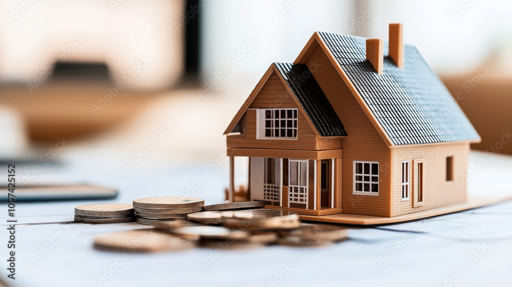 Miniature house model next to stacked coins on a table, symbolizing real estate investment or mortgage concept in a financial setting.