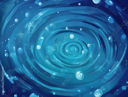 Abstract whirlpool design with swirling blue hues and glistening bubbles.