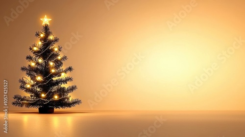 simple elegant Christmas tree with warm lights against soft golden background, creating cozy and festive atmosphere.