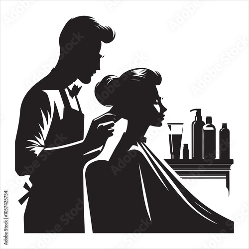 Black colour Silhouette of a barber cutting hair in a salon on a white background