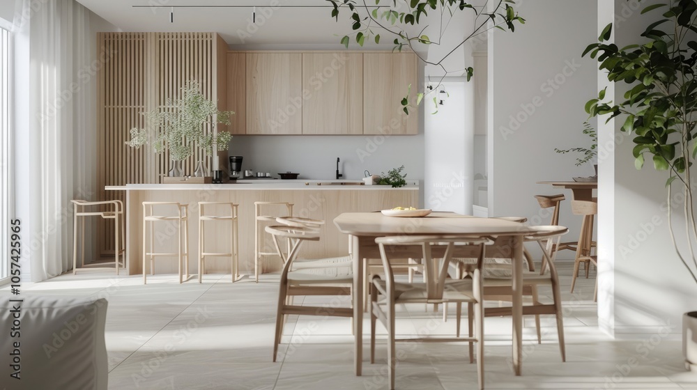Modern Scandinavian kitchen interior with white home design and wooden furniture. Modern Scandinavian kitchen interior with white home design and wooden furniture.
