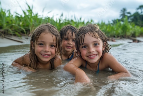 Three smiling young girls enjoying a playful moment in shallow water, with a lush green background, representing carefree childhood and outdoor fun.