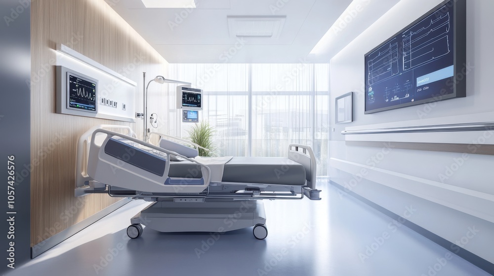 Modern hospital room with smart bed and touchscreen