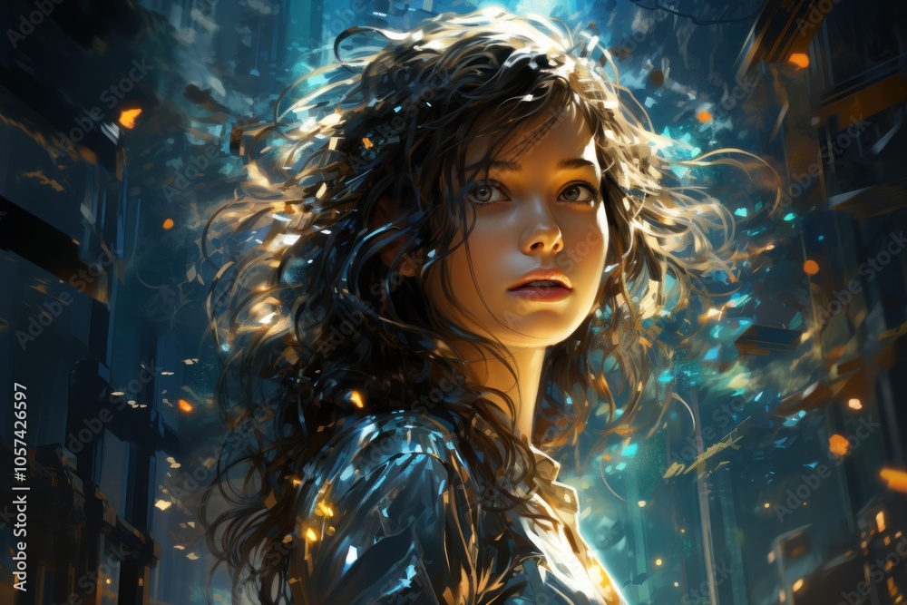 A young woman with curly hair stands in a vibrant, illuminated urban setting. A young woman with curly hair stands in a vibrant, illuminated urban setting.