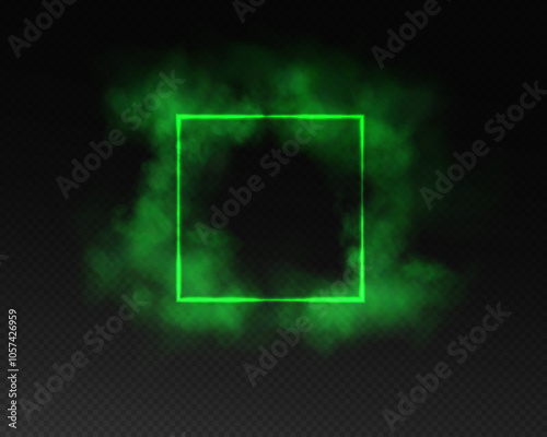 A magical portal in fantasy style. Square light frame with green smoke and dust, futuristic teleporter. Green neon lights illuminate night scene on transparent background. Light effect