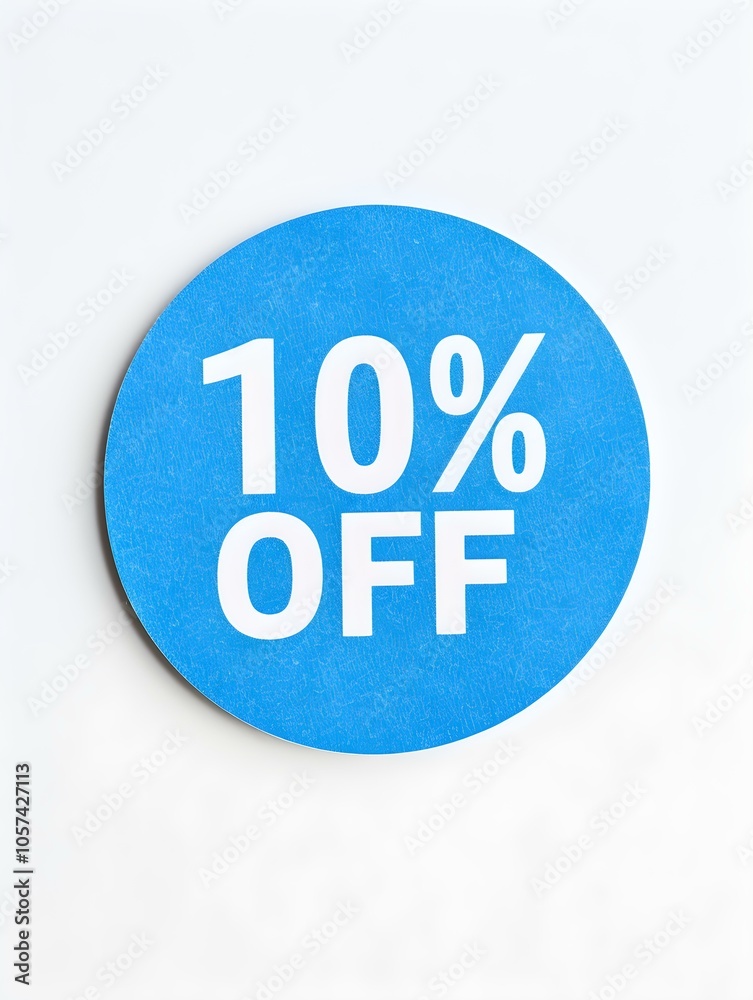 White '10% OFF' Text on a Blue Round Paper Note. White Background White '10% OFF' Text on a Blue Round Paper Note. White Background