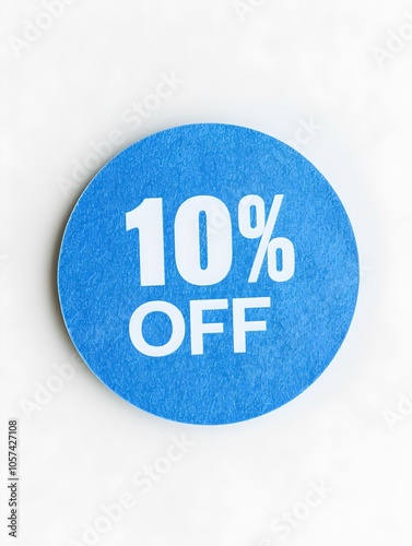 White '10% OFF' Text on a Blue Round Paper Note. White Background 