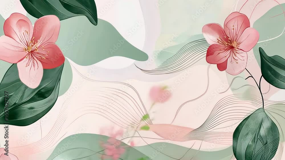 Floral abstraction with pink blossoms and green leaves on a soft background